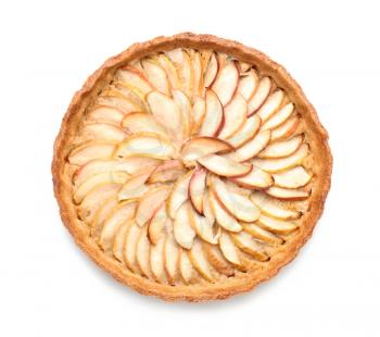 Tasty apple pie on white background�