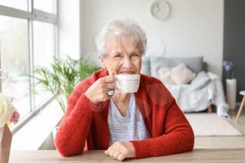 Senior woman drinking tea at home�