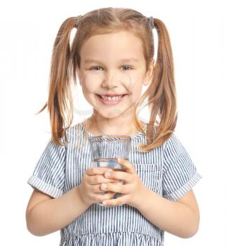 Cute little girl with glass of water on white background�