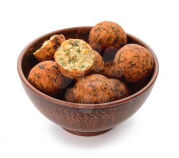Bowl with tasty falafel balls on white background�