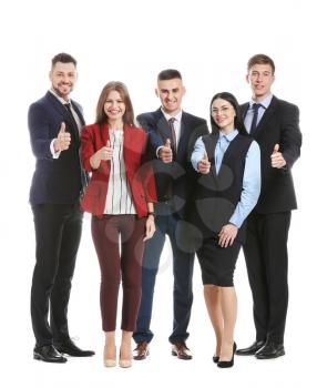 Team of business people showing thumb-up gesture on white background�
