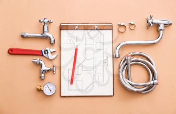 Set of plumbing items with house plan on color background�