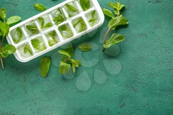 Tray with ice cubes and mint on color background�