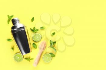 Fresh lime, shaker, juicer and mint leaves on color background�