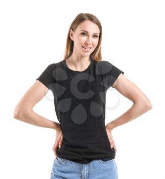 Woman in stylish t-shirt on white background�