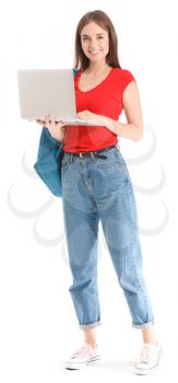 Portrait of young student with laptop on white background�
