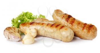 Tasty grilled sausages on white background�