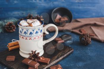 Cup of hot chocolate with marshmallows on table�