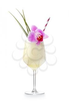 Glass of tasty Pina Colada cocktail on white background�