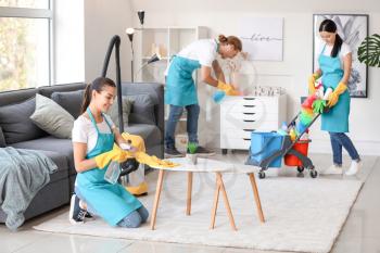 Team of janitors cleaning flat�