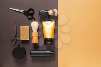 Set for male shaving on color background�