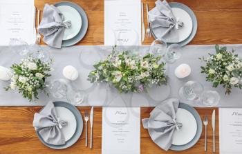 Beautiful table setting for wedding celebration in restaurant�