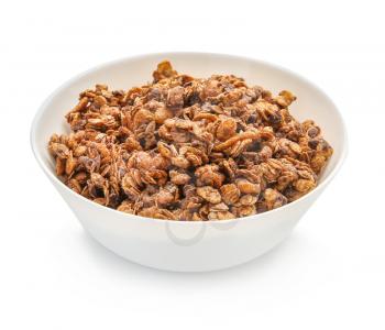 Bowl with tasty granola on white background�