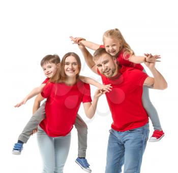 Portrait of happy family on white background�