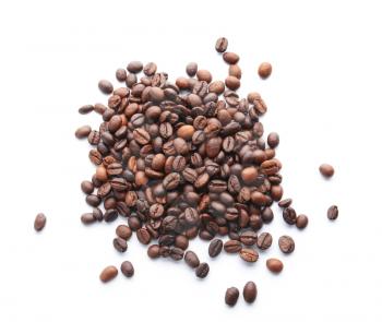 Heap of coffee beans on white background�