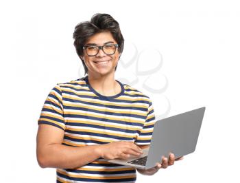 Male Asian programmer with laptop on white background�
