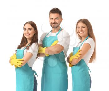 Team of janitors on white background�