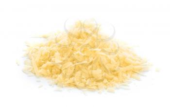 Grated tasty Parmesan cheese on white background�