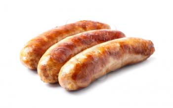 Tasty grilled sausages on white background�