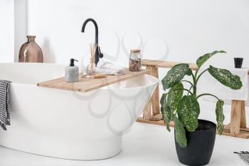 Bathtub with supplies in stylish interior�