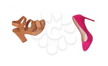 Flying different female shoes on white background�