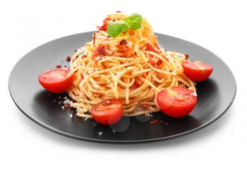 Plate with tasty pasta and tomato sauce on white background�