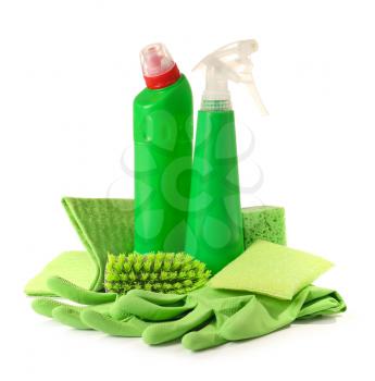 Set of cleaning supplies on white background�