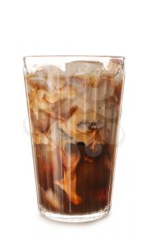 Glass of tasty iced coffee on white background�