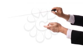 Hands of male conductor on white background�