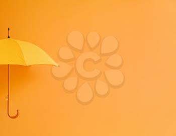 Hand with stylish umbrella on color background�