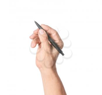 Hand with pen on white background�