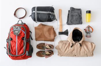 Equipment for hiking on white background�