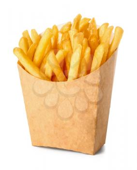 Paper box with tasty french fries on white background�