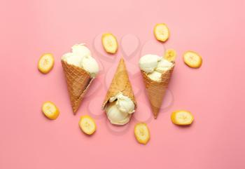 Composition with tasty banana ice-cream on color background�