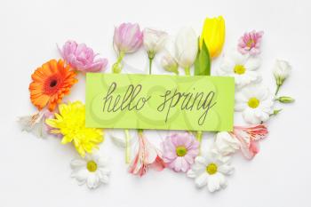 Card with text HELLO SPRING and beautiful flowers on white background�