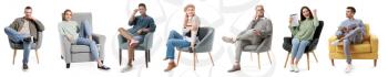 Young people relaxing in armchairs on white background�