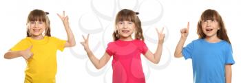 Collage with little girl in t-shirt on white background�