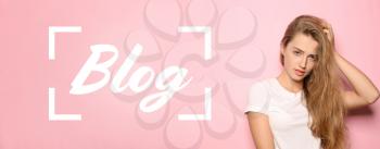 Portrait of beautiful female blogger on color background�