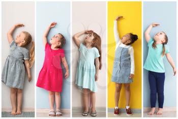 Collage of photos with little girls measuring height near walls�