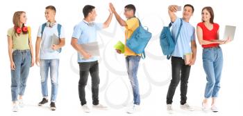 Collage with young students on white background�