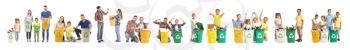 Different people with containers for trash on white background. Recycling concept�