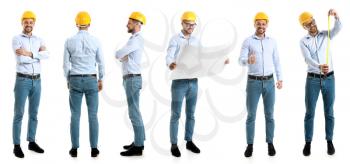 Collage with male engineer on white background�