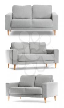 Collage with modern sofa on white background�