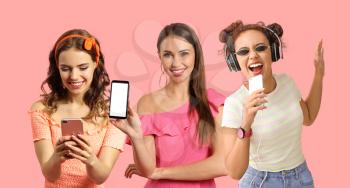 Different young women using mobile phones on color background �
