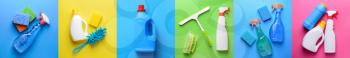 Set of cleaning supplies on colorful background�