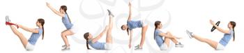 Set with sporty young woman on white background�