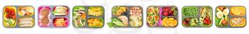 Set of lunch boxes with tasty food on white background�