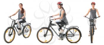 Collage with young woman riding bicycle against white background�