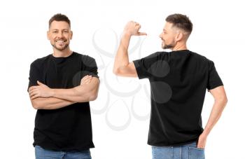 Man in stylish t-shirt on white background. Front and back view�