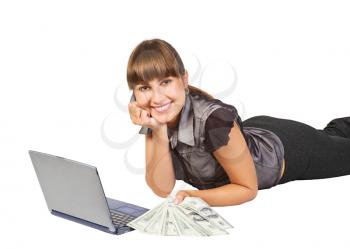 Royalty Free Photo of a Woman on the Floor With a Laptop and Money